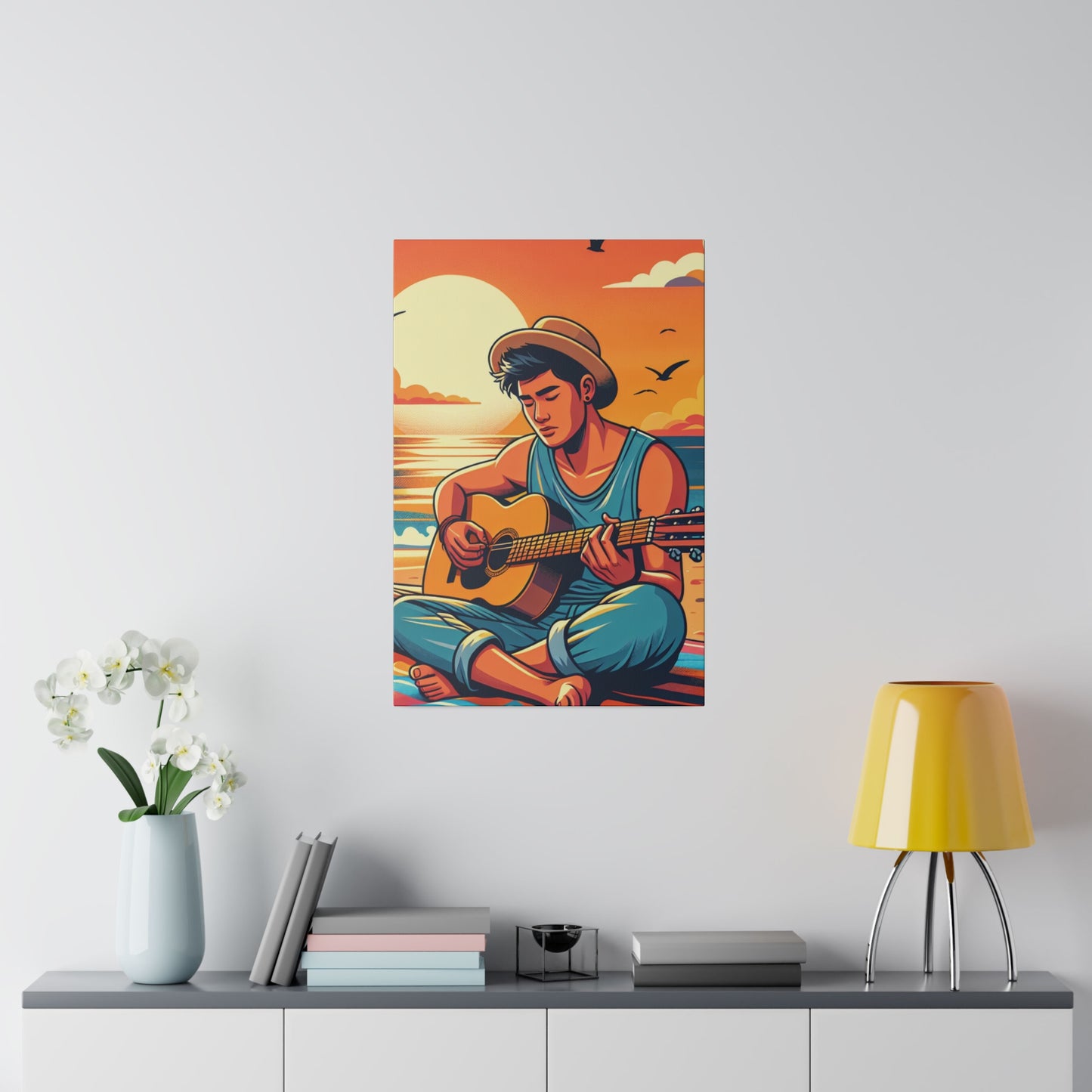 7216D - music art work, musician gift ideas, sunset background, sunset designs, ocean art work, beach art work, guitar art work, guitar player