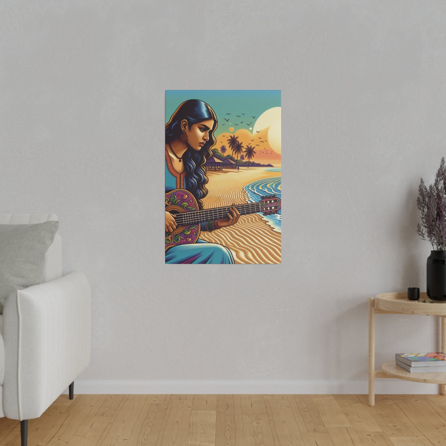 3239B - music art work, musician gift ideas, sunset background, sunset designs, ocean art work, beach art work, guitar art work, guitar player