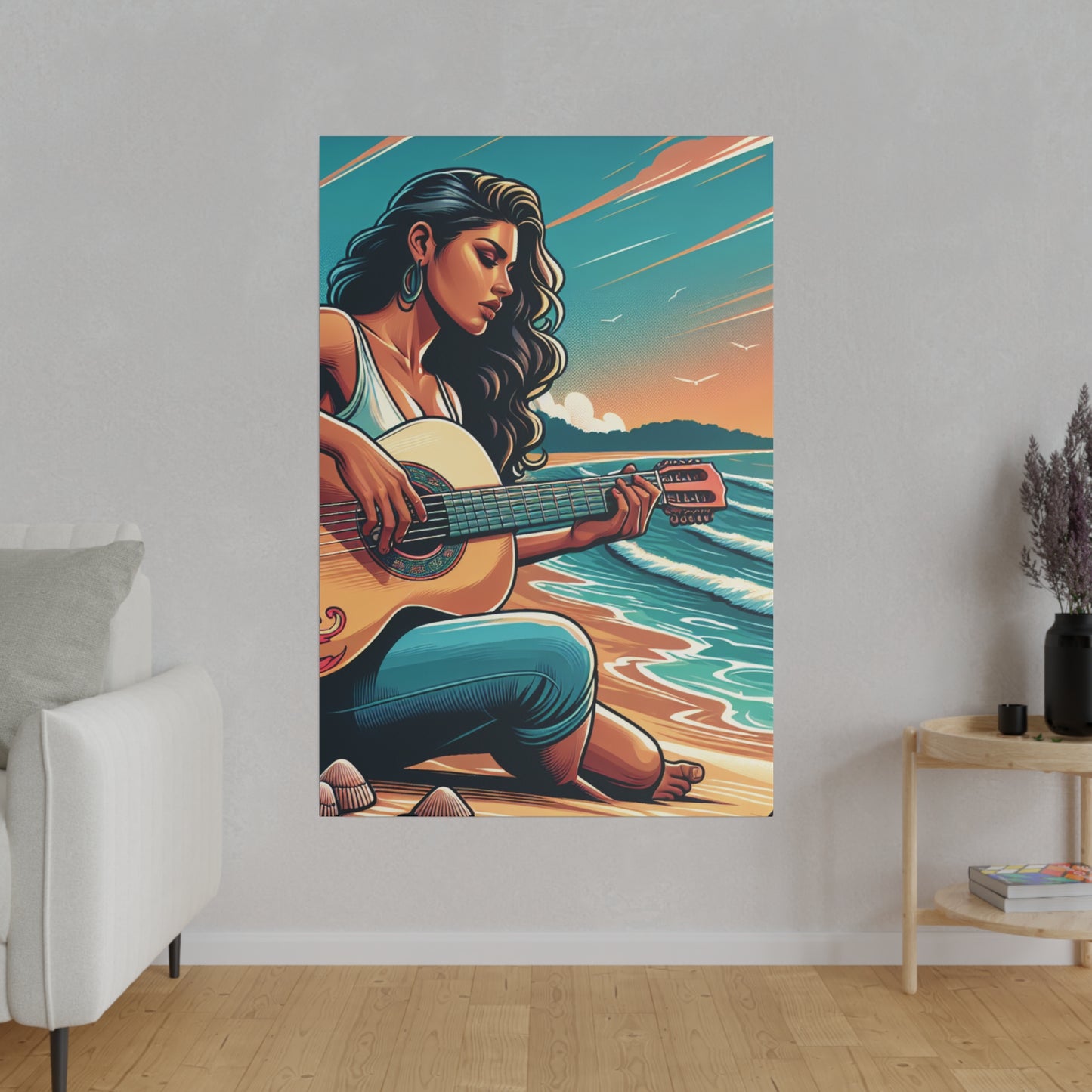 8194M - music art work, musician gift ideas, sunset background, sunset designs, ocean art work, beach art work, guitar art work, guitar player