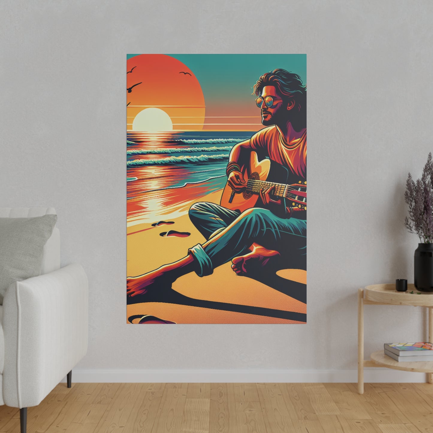 3726G - music art work, musician gift ideas, sunset background, sunset designs, ocean art work, beach art work, guitar art work, guitar player