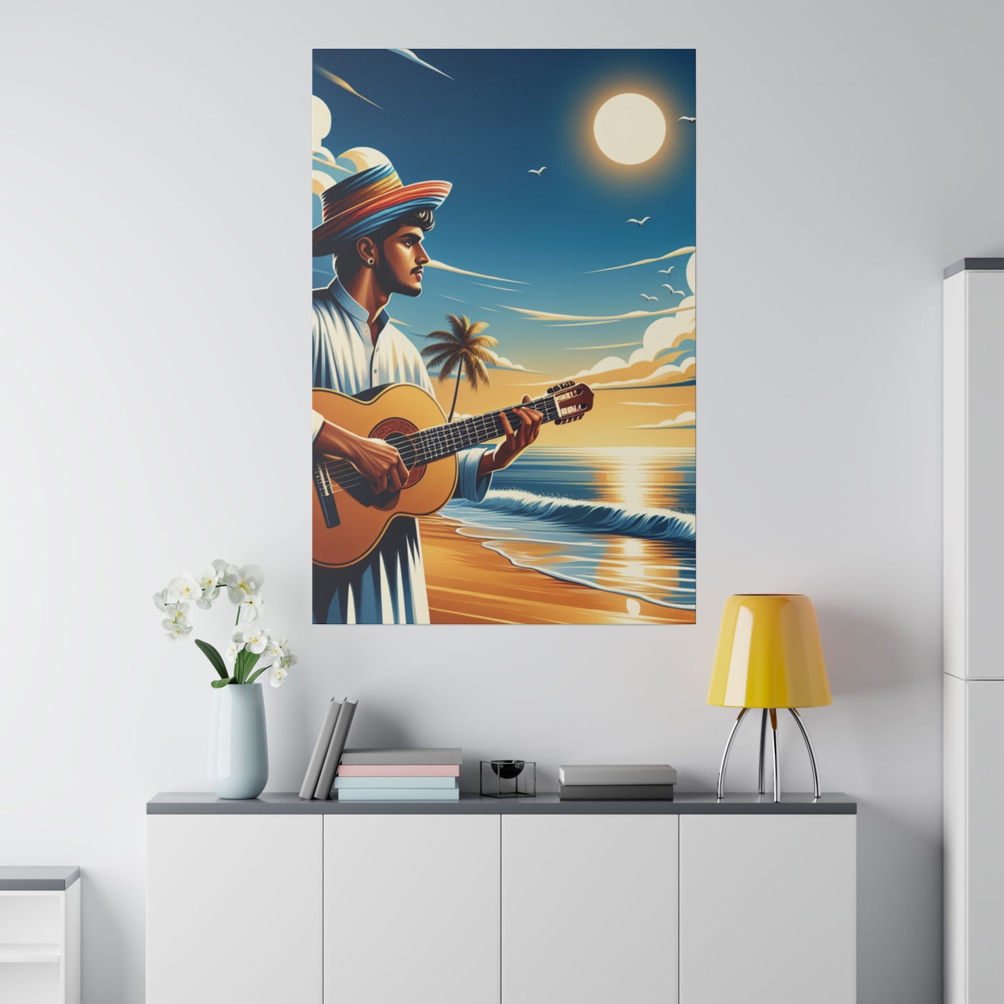 8234Z - music art work, musician gift ideas, sunset background, sunset designs, ocean art work, beach art work, guitar art work, guitar player