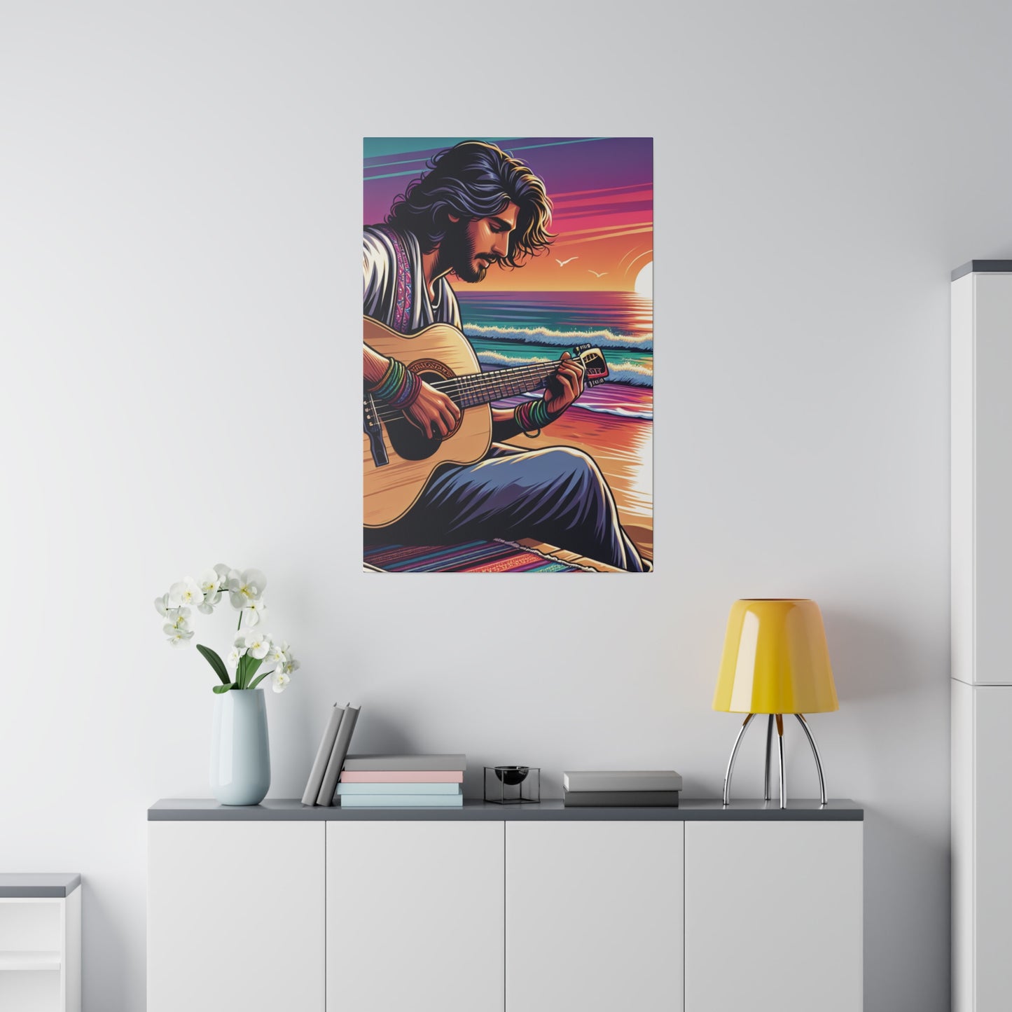 7532C - music art work, musician gift ideas, sunset background, sunset designs, ocean art work, beach art work, guitar art work, guitar player