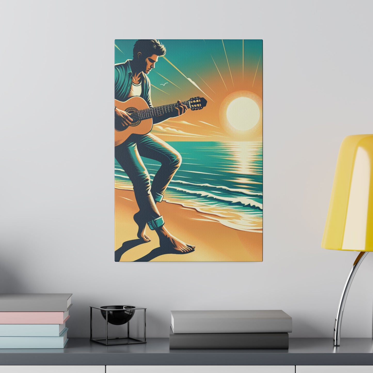 6732K - music art work, musician gift ideas, sunset background, sunset designs, ocean art work, beach art work, guitar art work, guitar player