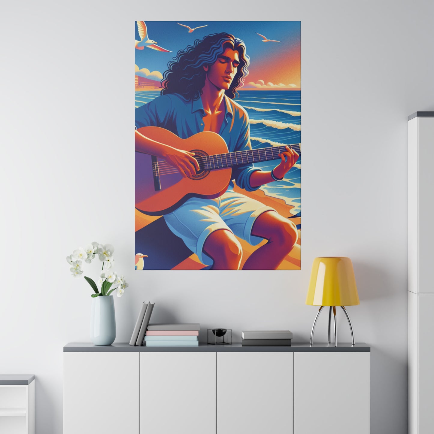 3672K - music art work, musician gift ideas, sunset background, sunset designs, ocean art work, beach art work, guitar art work, guitar player