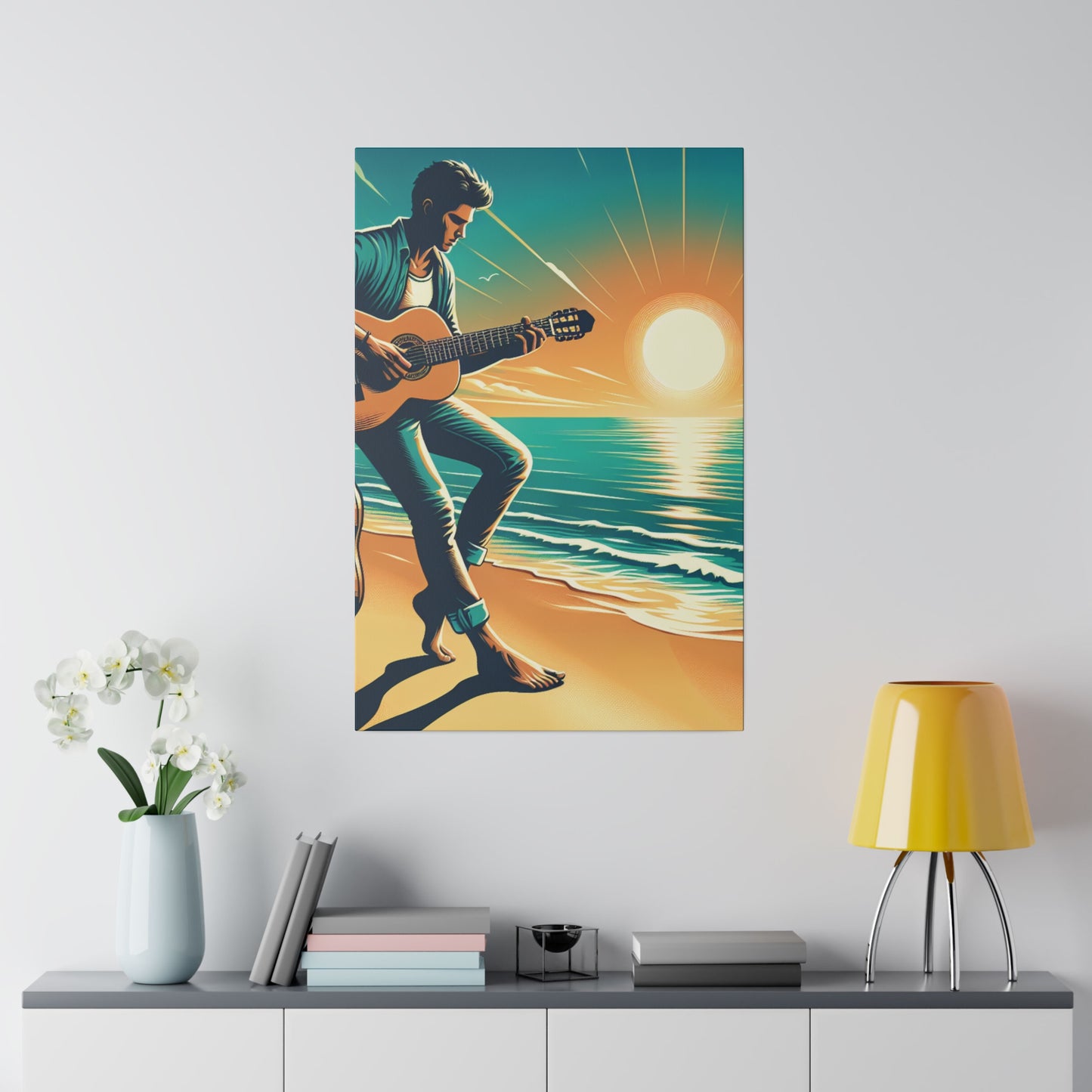 6732K - music art work, musician gift ideas, sunset background, sunset designs, ocean art work, beach art work, guitar art work, guitar player