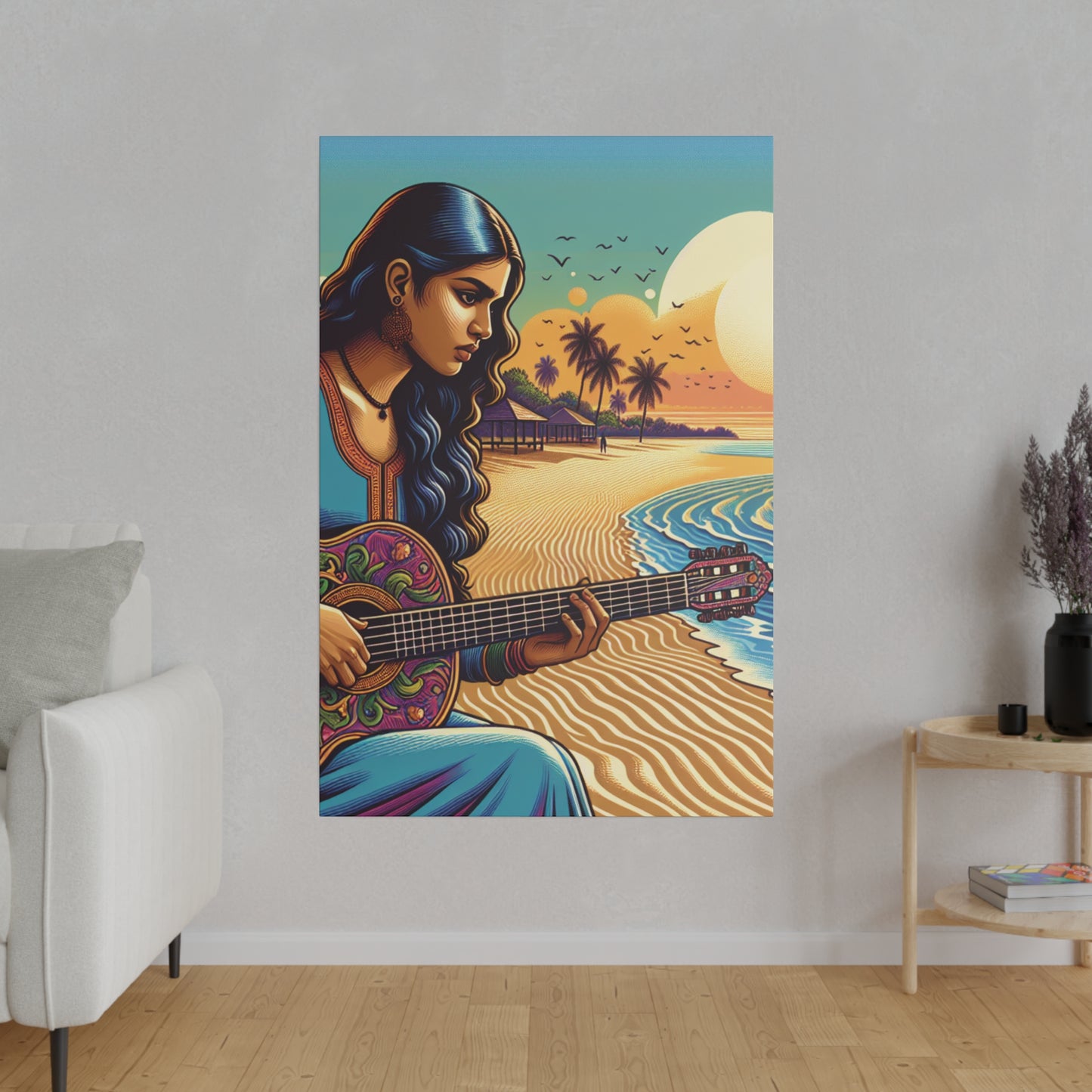 3239B - music art work, musician gift ideas, sunset background, sunset designs, ocean art work, beach art work, guitar art work, guitar player