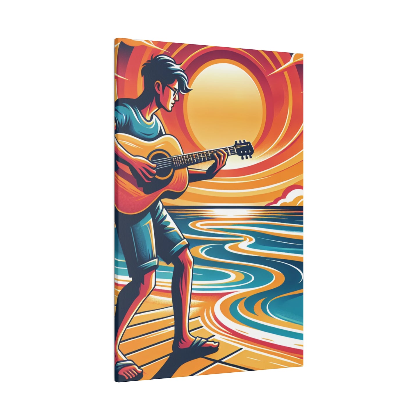 2734B - music art work, musician gift ideas, sunset background, sunset designs, ocean art work, beach art work, guitar art work, guitar player