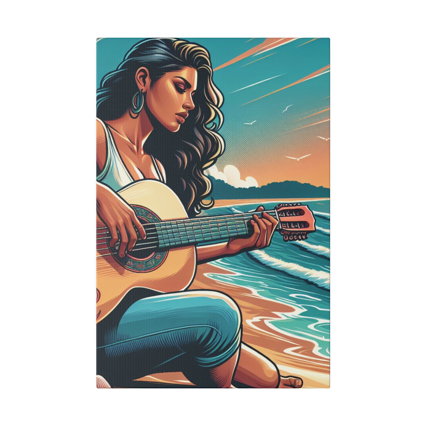 8194M - music art work, musician gift ideas, sunset background, sunset designs, ocean art work, beach art work, guitar art work, guitar player