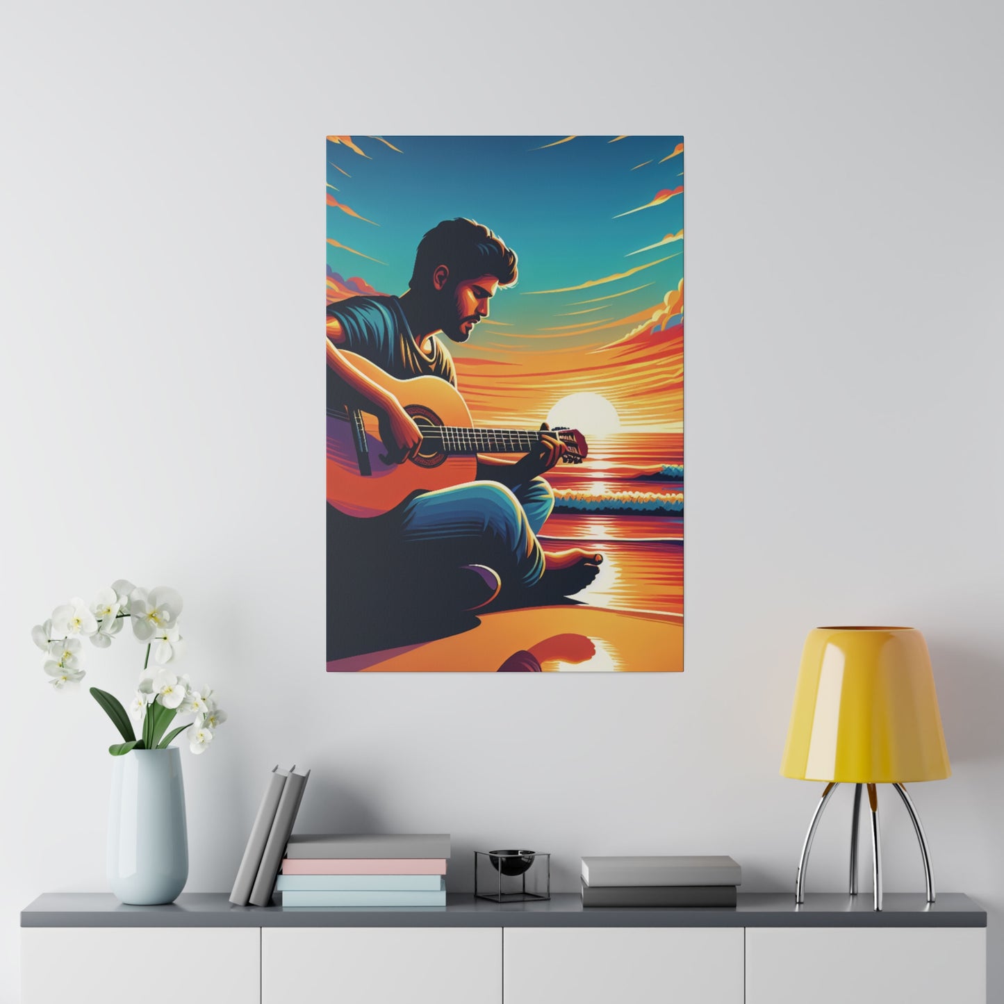 8327K - music art work, musician gift ideas, sunset background, sunset designs, ocean art work, beach art work, guitar art work, guitar player