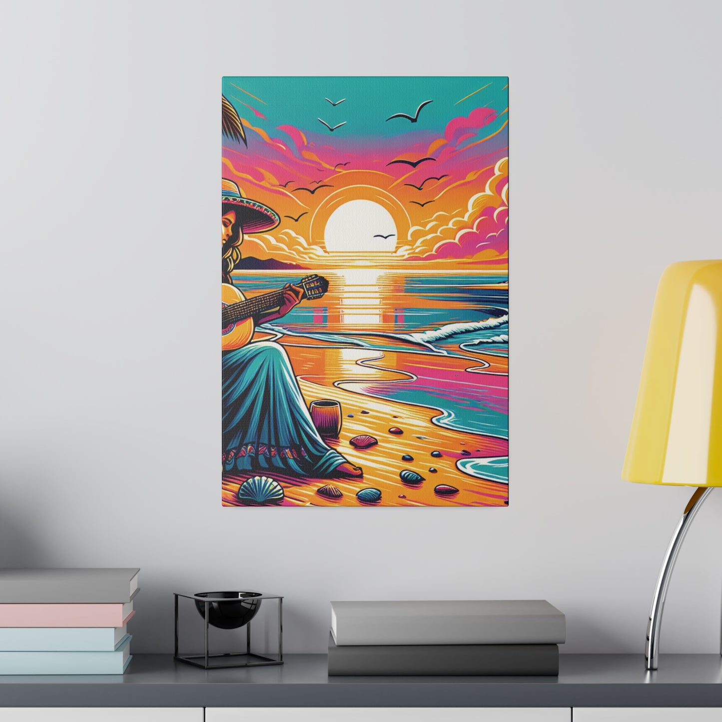 6389M - music art work, musician gift ideas, sunset background, sunset designs, ocean art work, beach art work, guitar art work, guitar player