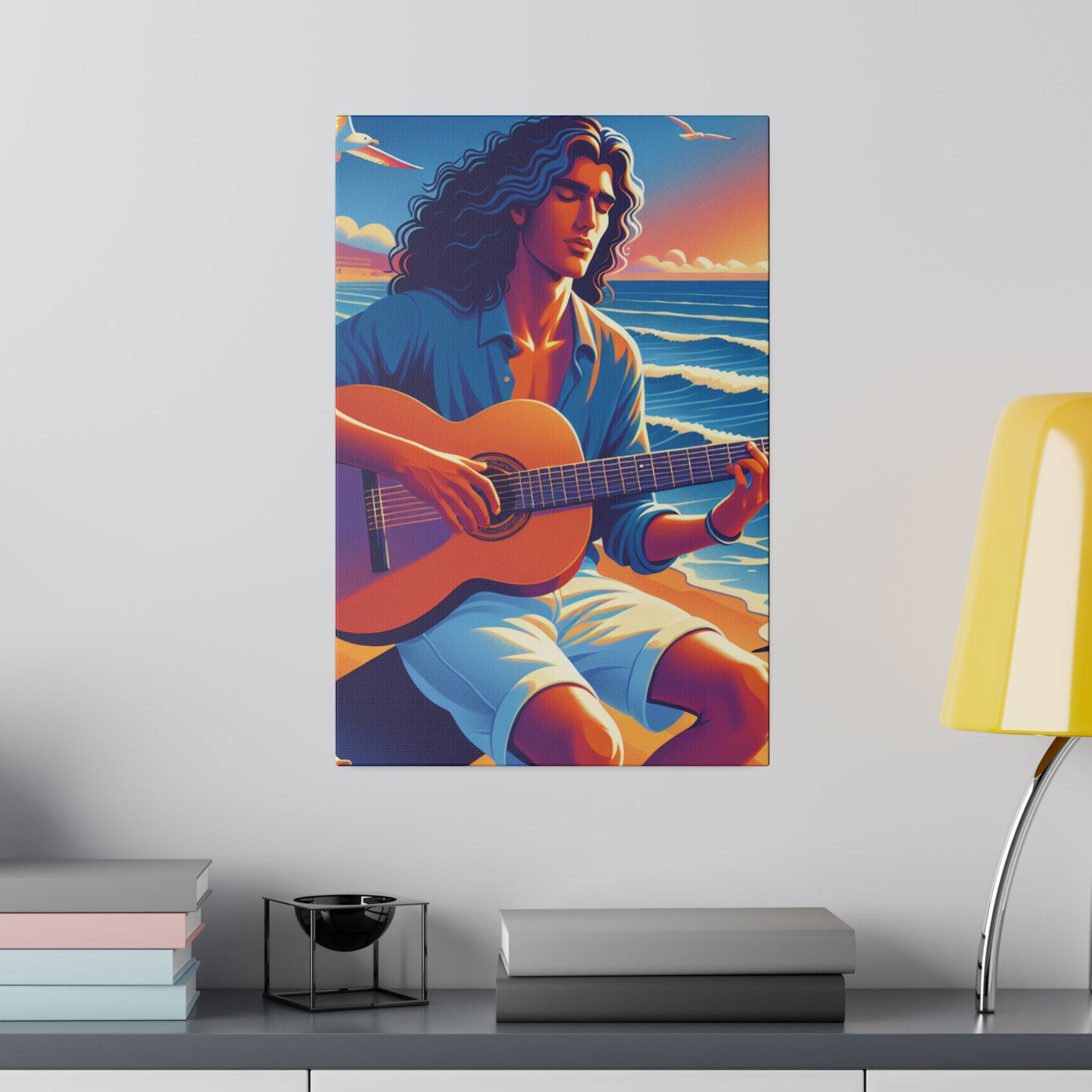 3672K - music art work, musician gift ideas, sunset background, sunset designs, ocean art work, beach art work, guitar art work, guitar player