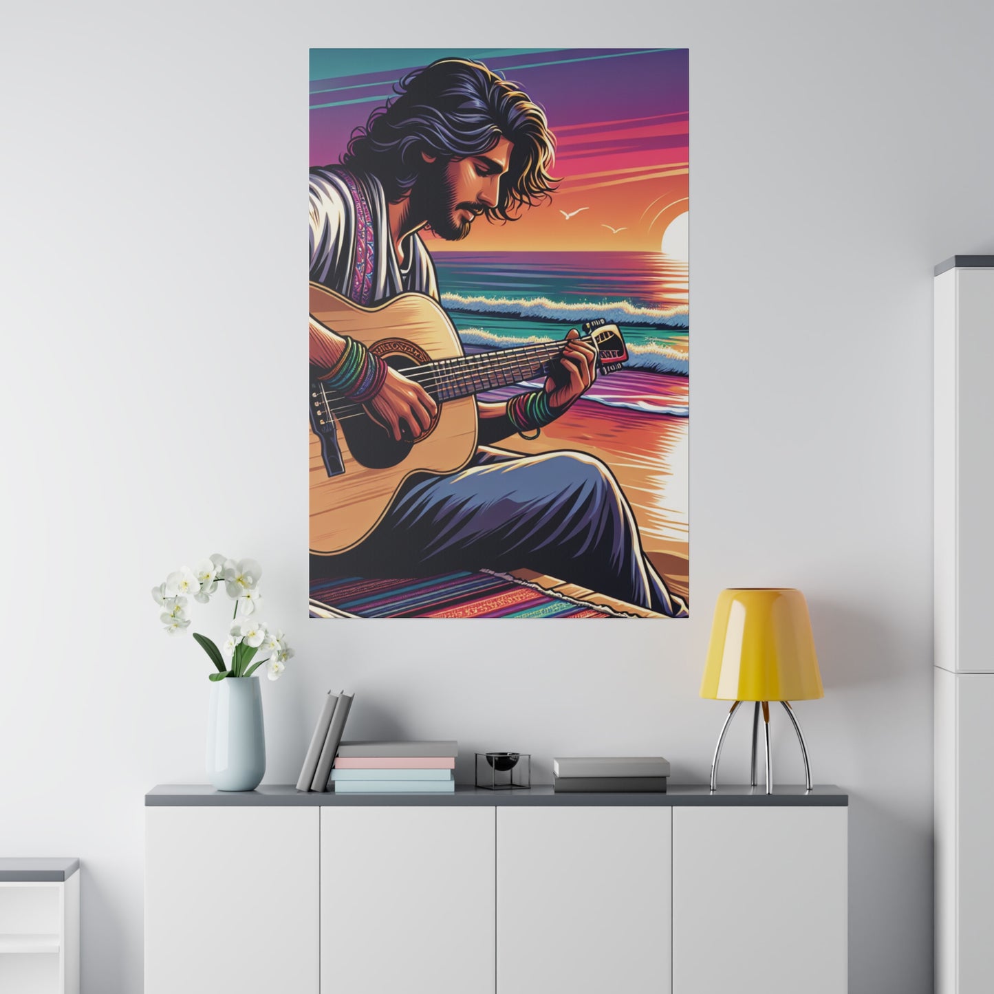 7532C - music art work, musician gift ideas, sunset background, sunset designs, ocean art work, beach art work, guitar art work, guitar player