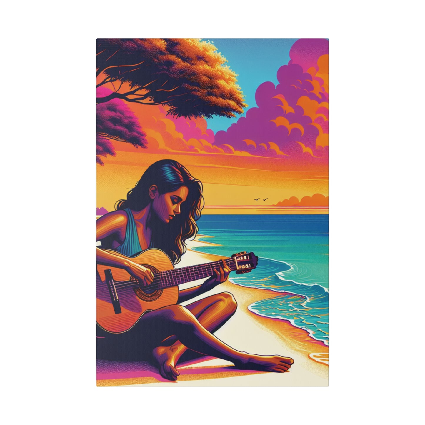 5709K - music art work, musician gift ideas, sunset background, sunset designs, ocean art work, beach art work, guitar art work, guitar player