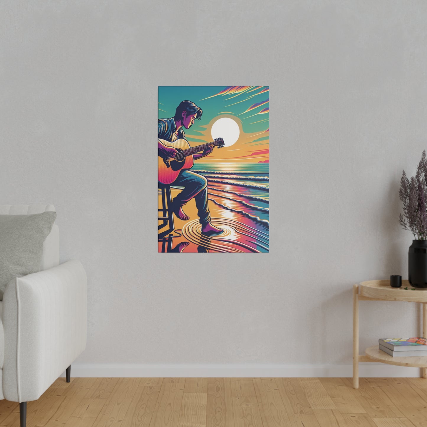 6782B - music art work, musician gift ideas, sunset background, sunset designs, ocean art work, beach art work, guitar art work, guitar player