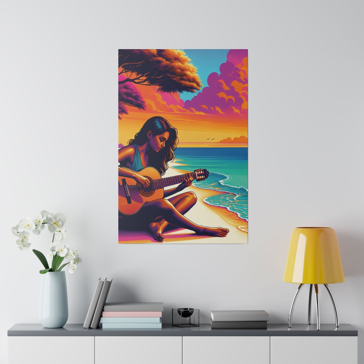 5709K - music art work, musician gift ideas, sunset background, sunset designs, ocean art work, beach art work, guitar art work, guitar player