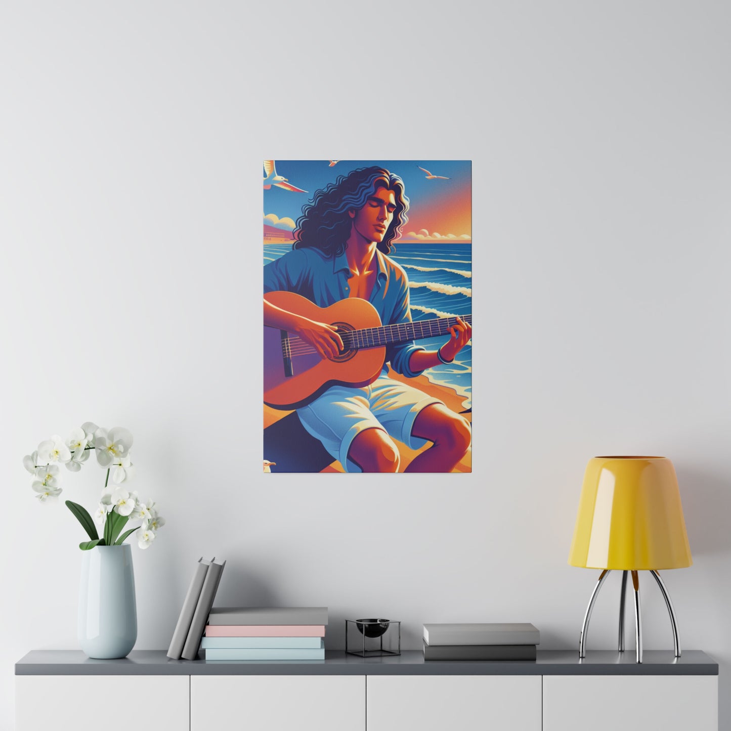 3672K - music art work, musician gift ideas, sunset background, sunset designs, ocean art work, beach art work, guitar art work, guitar player