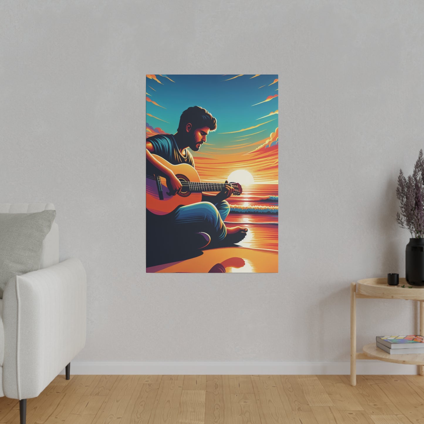 8327K - music art work, musician gift ideas, sunset background, sunset designs, ocean art work, beach art work, guitar art work, guitar player