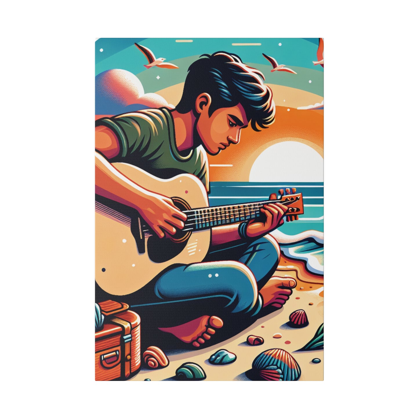 5287K - music art work, musician gift ideas, sunset background, sunset designs, ocean art work, beach art work, guitar art work, guitar player