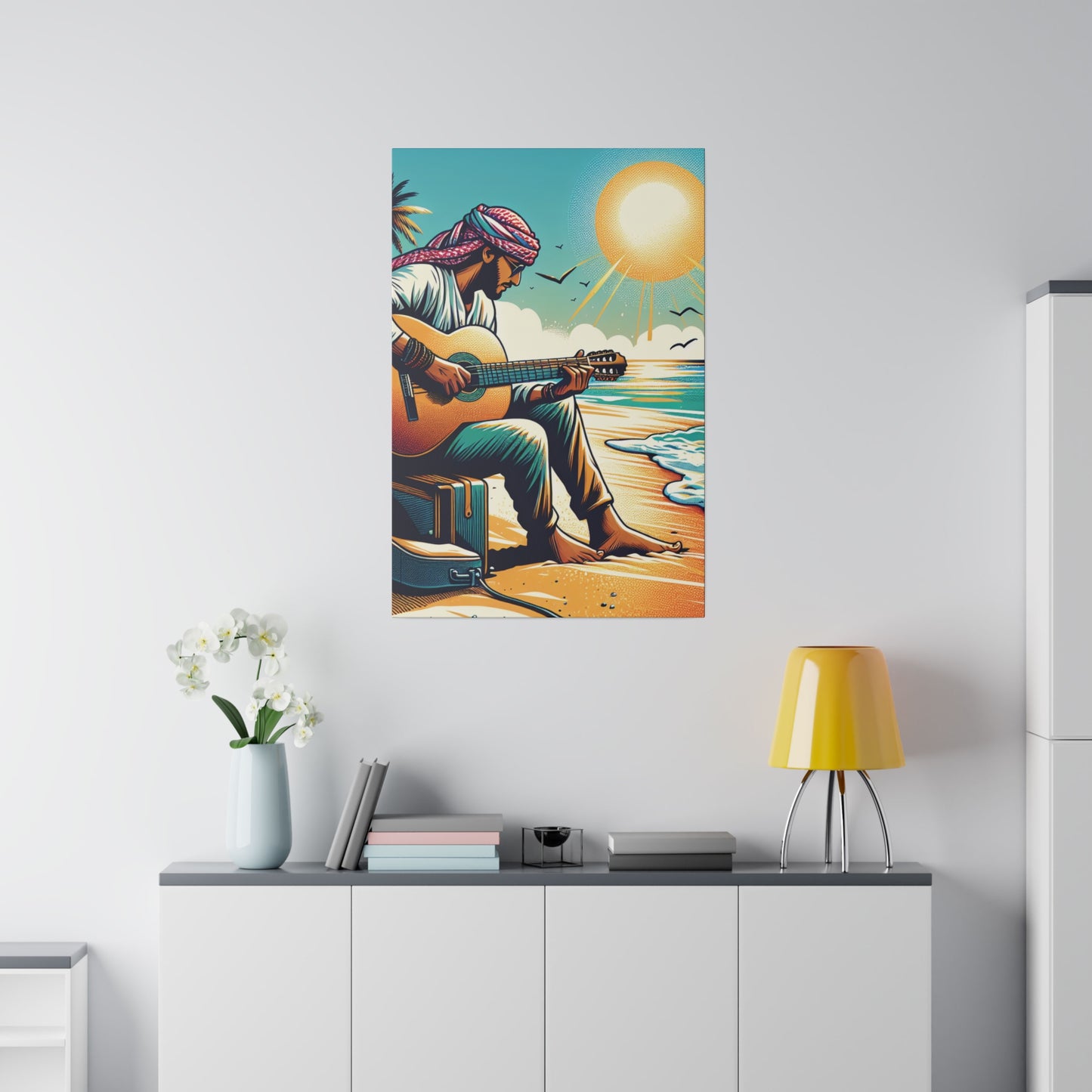 7492B - music art work, musician gift ideas, sunset background, sunset designs, ocean art work, beach art work, guitar art work, guitar player