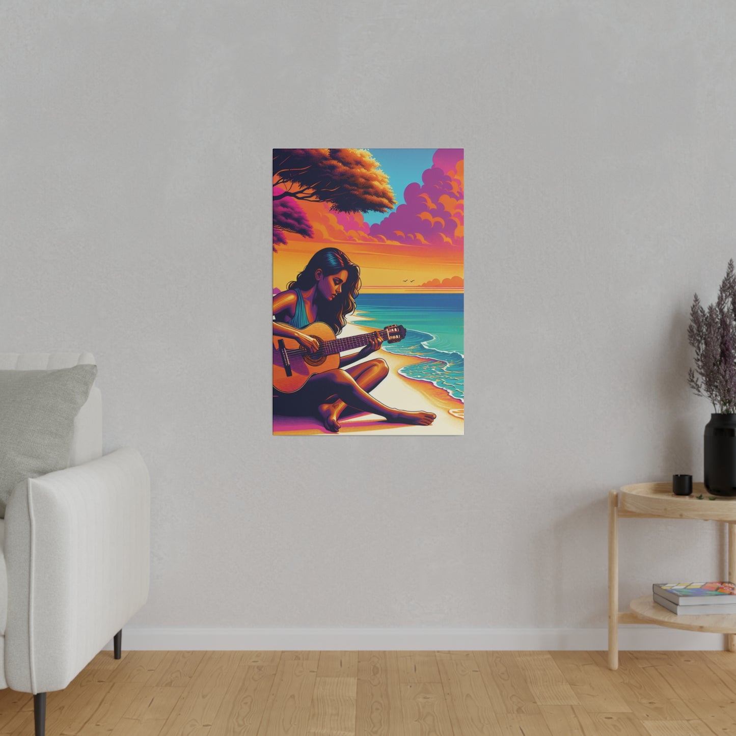 5709K - music art work, musician gift ideas, sunset background, sunset designs, ocean art work, beach art work, guitar art work, guitar player