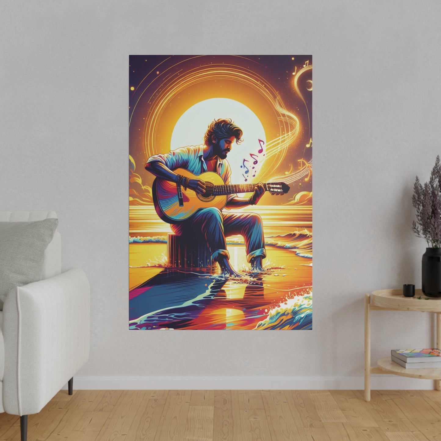 7683B - music art work, musician gift ideas, sunset background, sunset designs, ocean art work, beach art work, guitar art work, guitar player