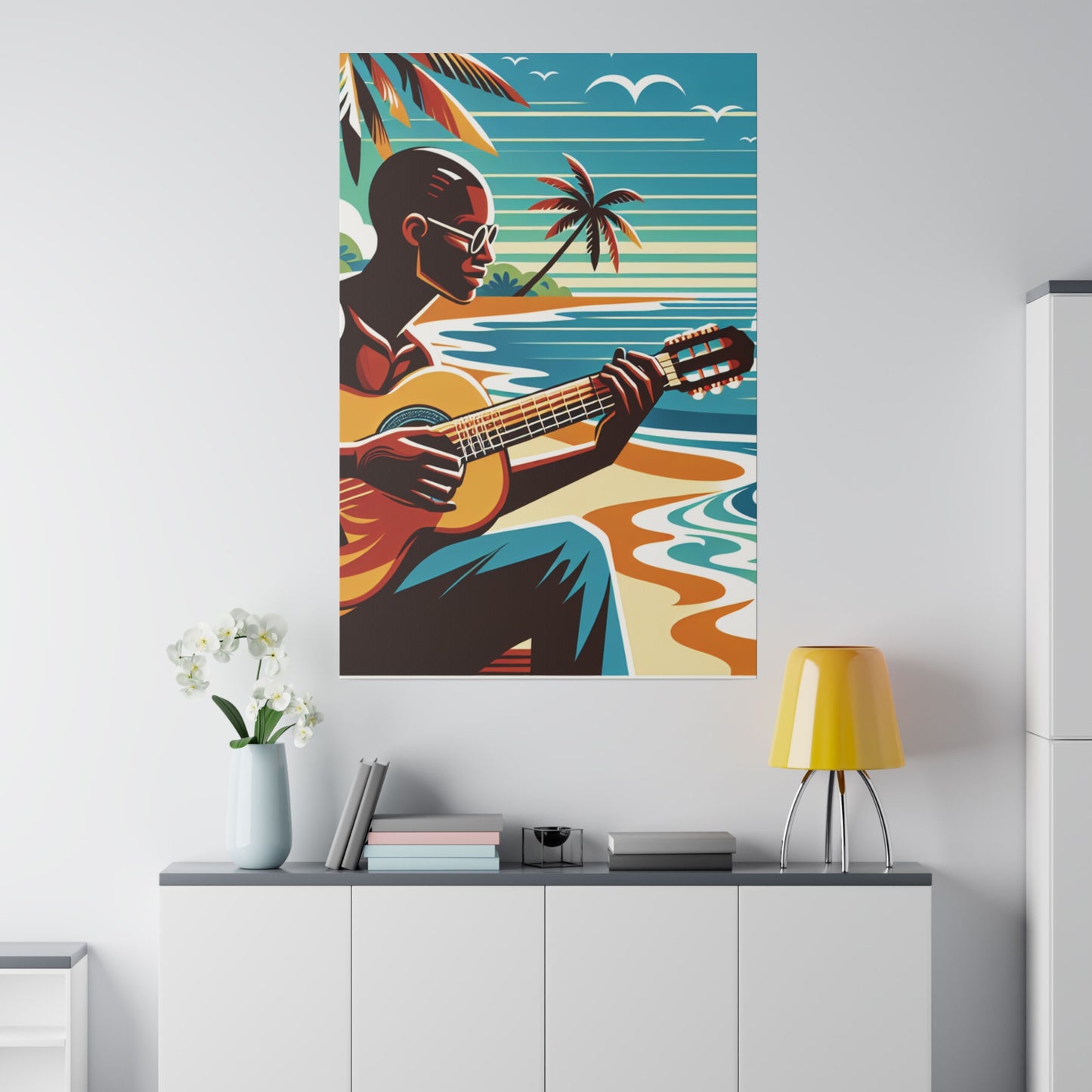 3491D - music art work, musician gift ideas, sunset background, sunset designs, ocean art work, beach art work, guitar art work, guitar player