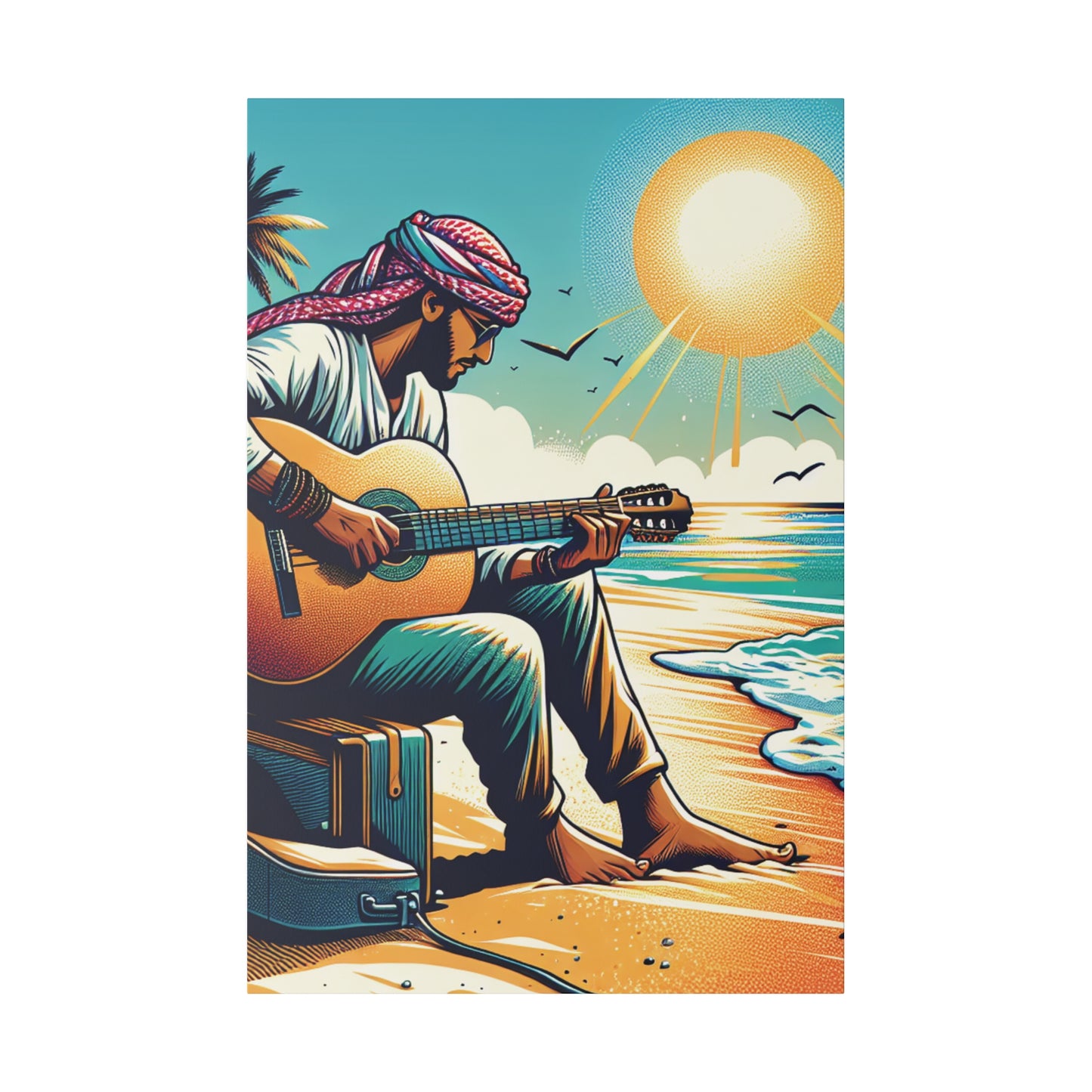 7492B - music art work, musician gift ideas, sunset background, sunset designs, ocean art work, beach art work, guitar art work, guitar player