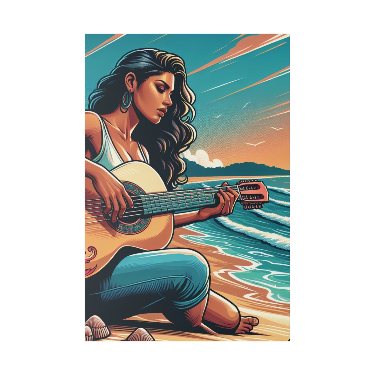 8194M - music art work, musician gift ideas, sunset background, sunset designs, ocean art work, beach art work, guitar art work, guitar player