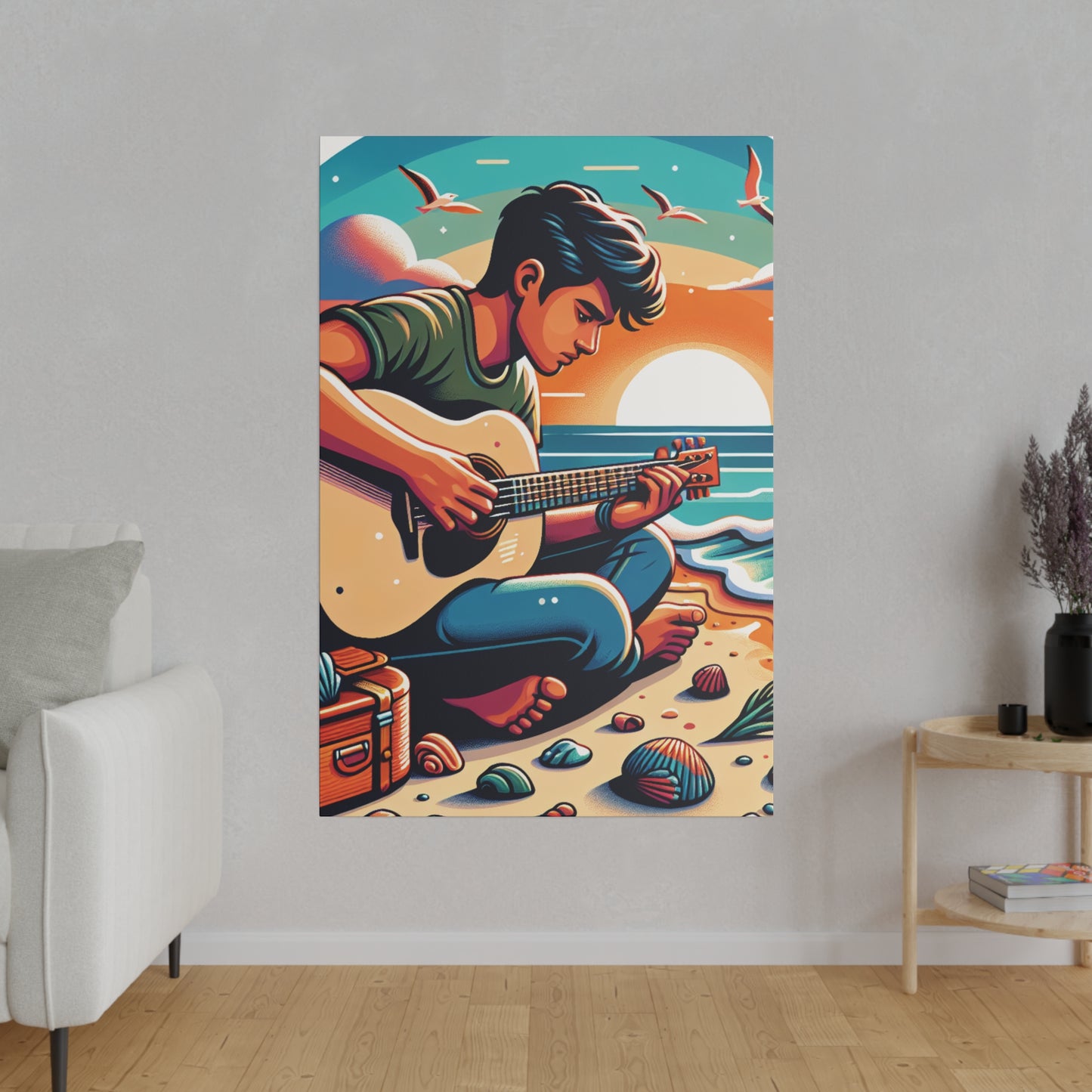 5287K - music art work, musician gift ideas, sunset background, sunset designs, ocean art work, beach art work, guitar art work, guitar player