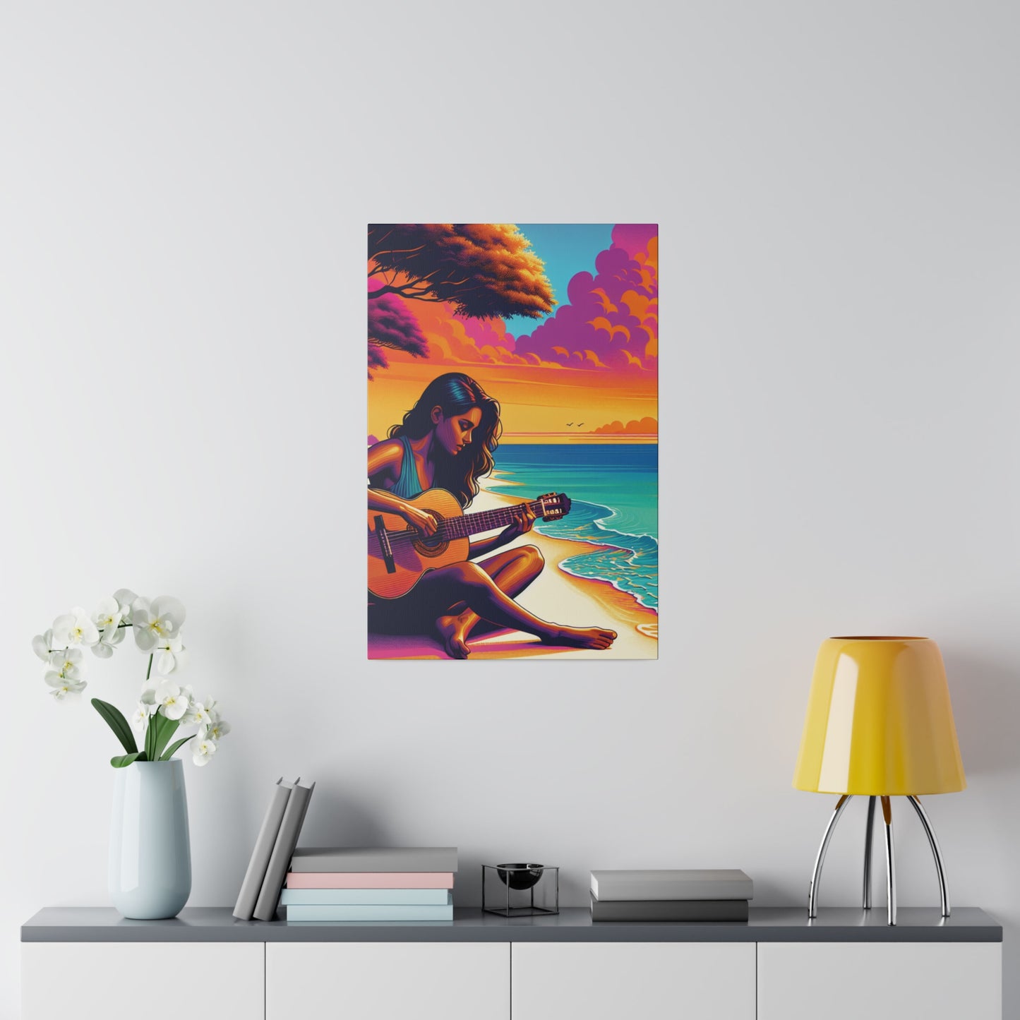 5709K - music art work, musician gift ideas, sunset background, sunset designs, ocean art work, beach art work, guitar art work, guitar player