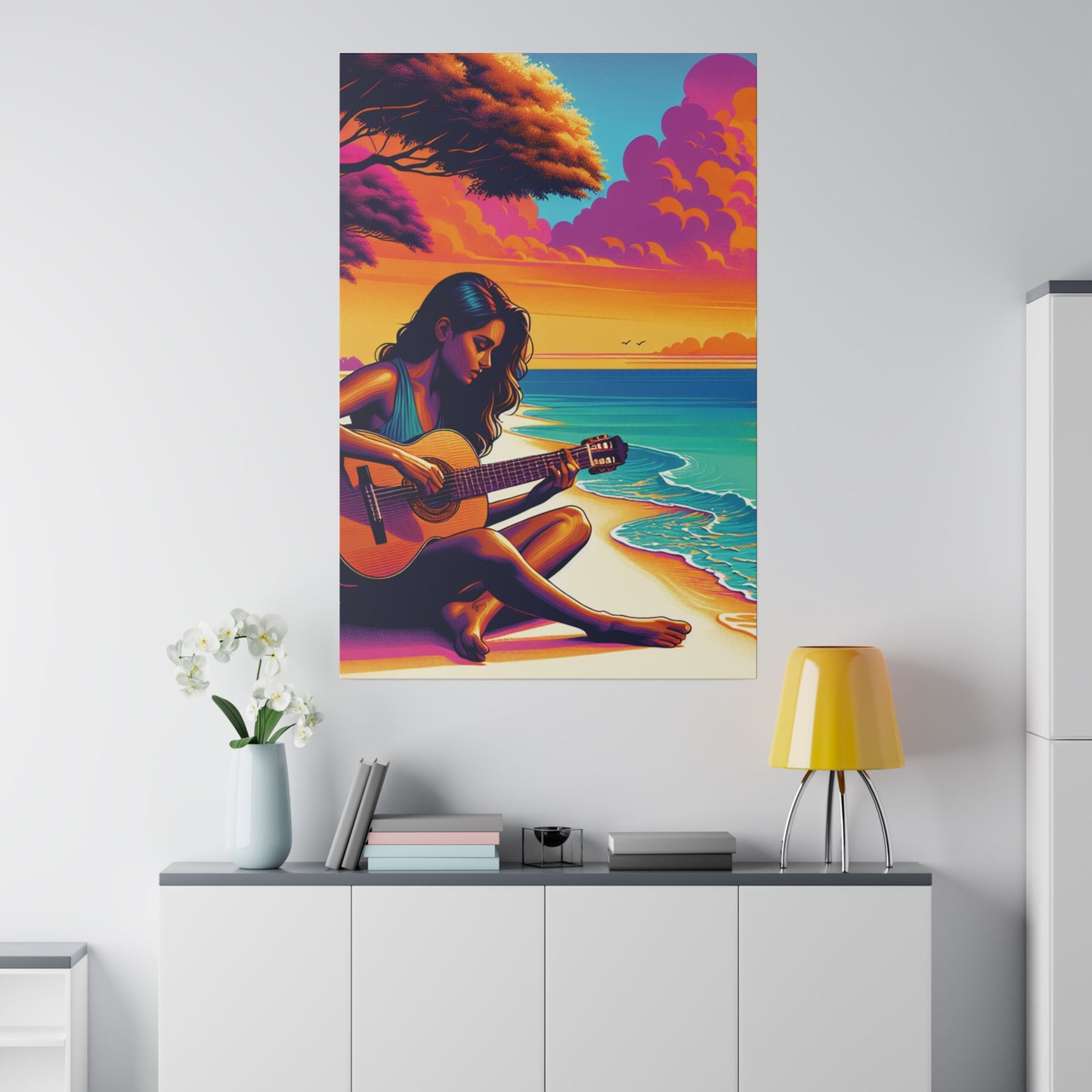 5709K - music art work, musician gift ideas, sunset background, sunset designs, ocean art work, beach art work, guitar art work, guitar player