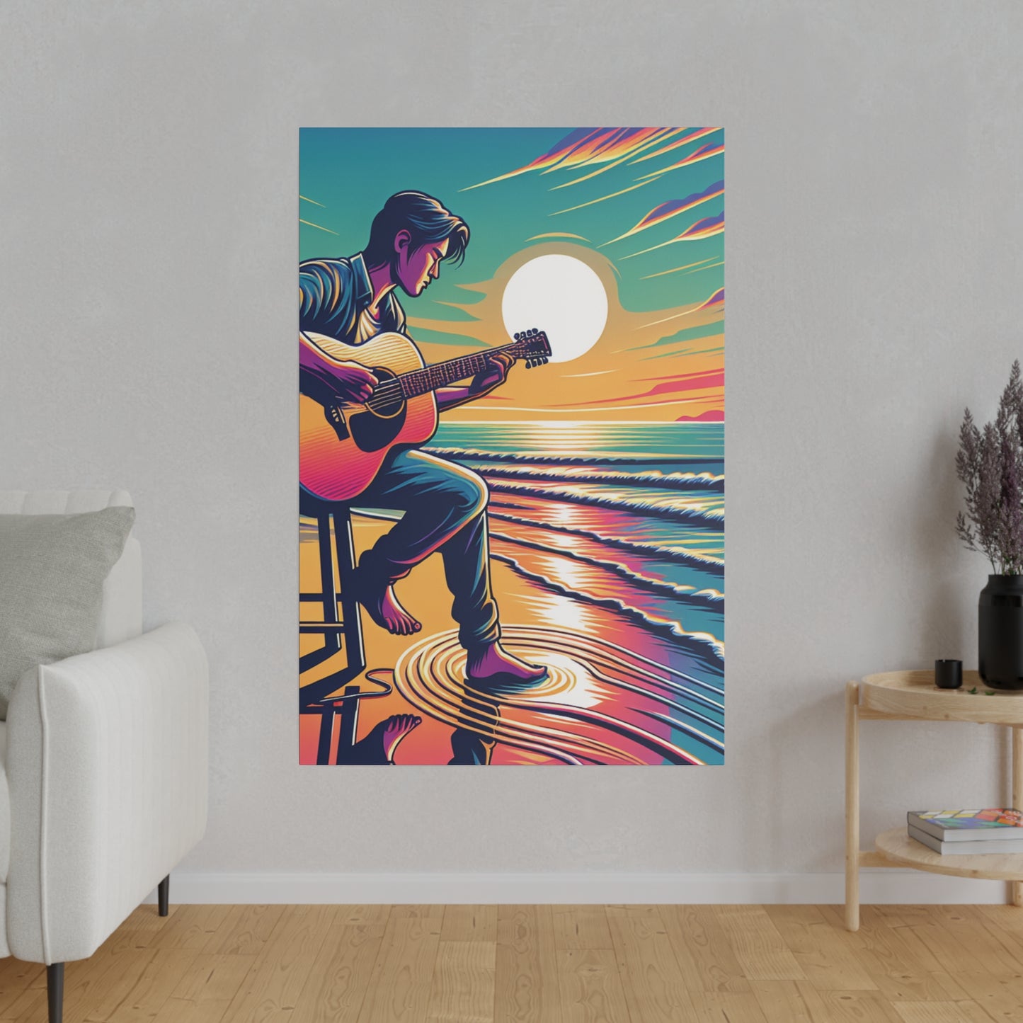 6782B - music art work, musician gift ideas, sunset background, sunset designs, ocean art work, beach art work, guitar art work, guitar player