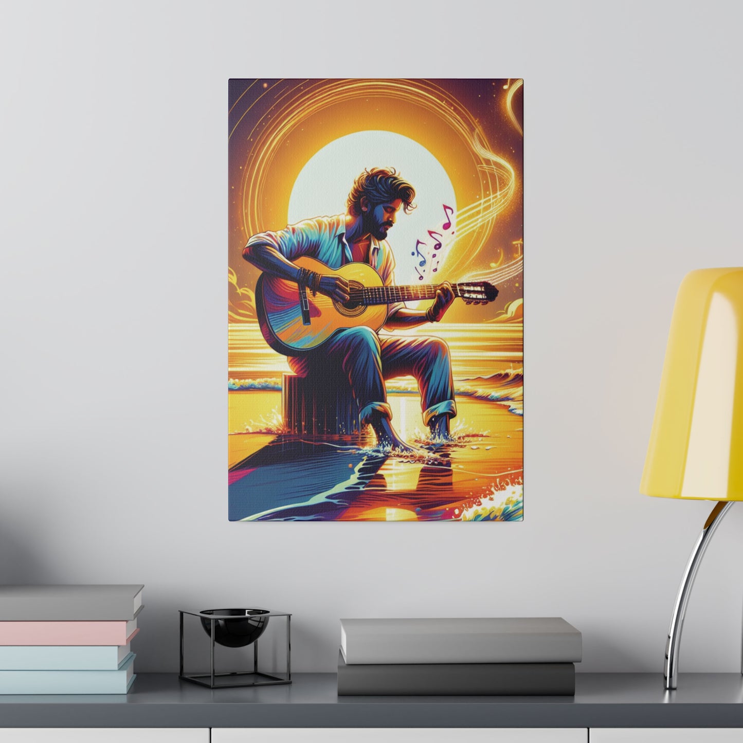 7683B - music art work, musician gift ideas, sunset background, sunset designs, ocean art work, beach art work, guitar art work, guitar player