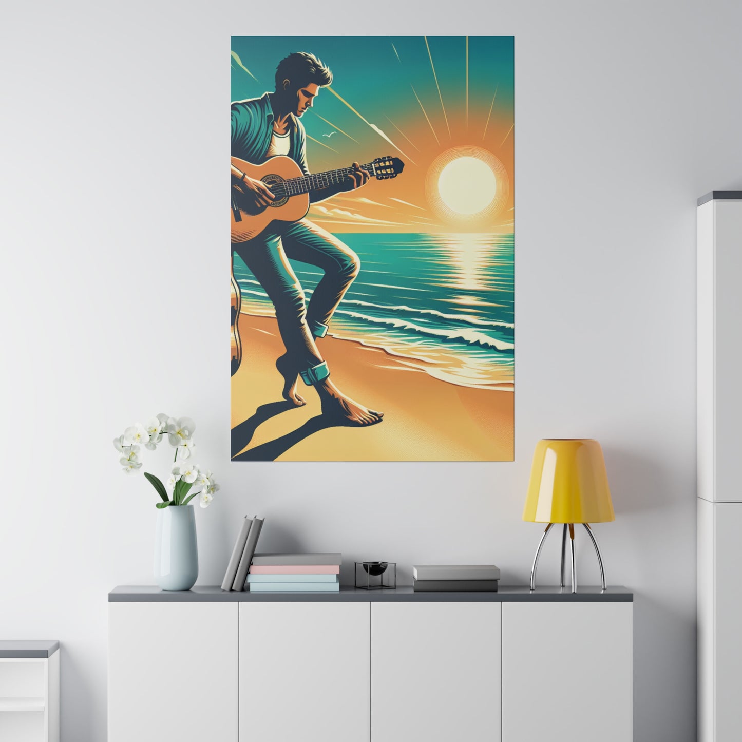 6732K - music art work, musician gift ideas, sunset background, sunset designs, ocean art work, beach art work, guitar art work, guitar player