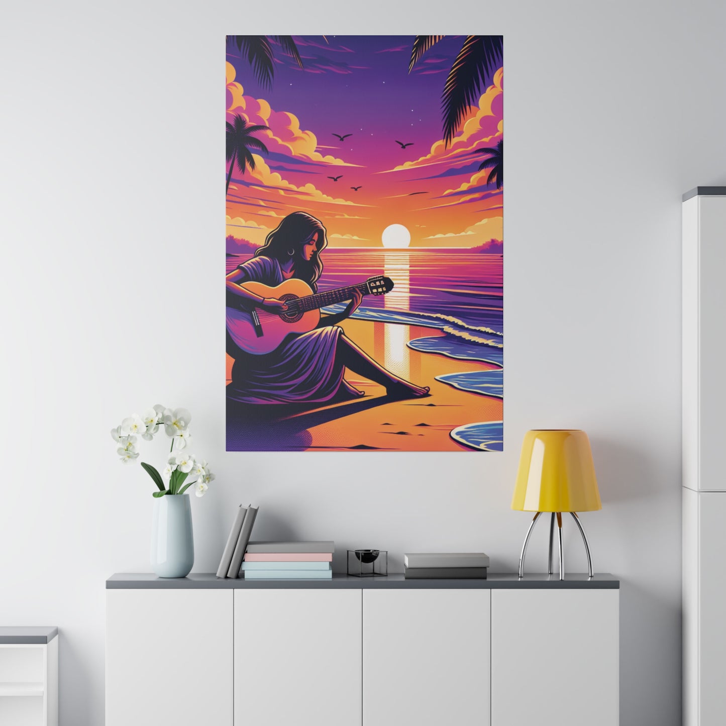 4927M - music art work, musician gift ideas, sunset background, sunset designs, ocean art work, beach art work, guitar art work, guitar player