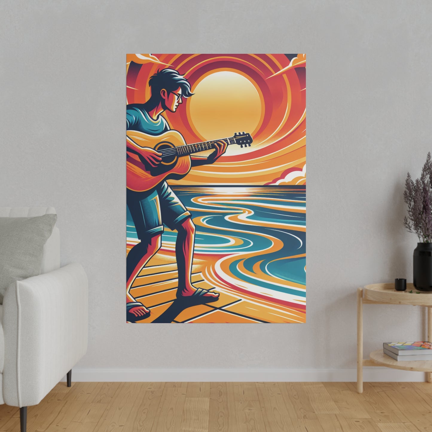 2734B - music art work, musician gift ideas, sunset background, sunset designs, ocean art work, beach art work, guitar art work, guitar player