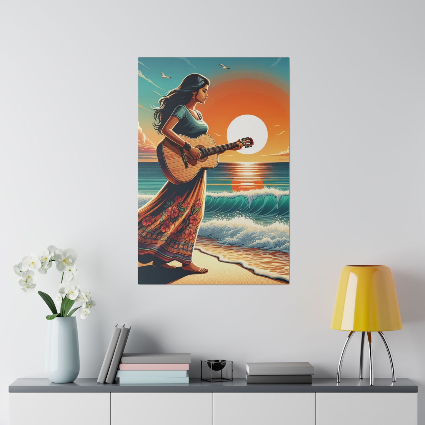 7873X - music art work, musician gift ideas, sunset background, sunset designs, ocean art work, beach art work, guitar art work, guitar player