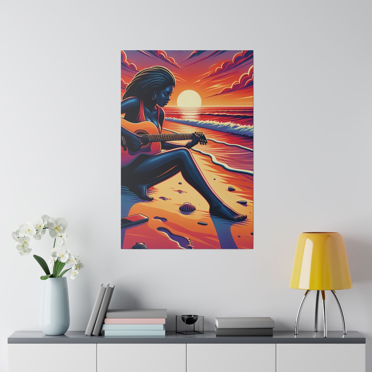 3476M - music art work, musician gift ideas, sunset background, sunset designs, ocean art work, beach art work, guitar art work, guitar player