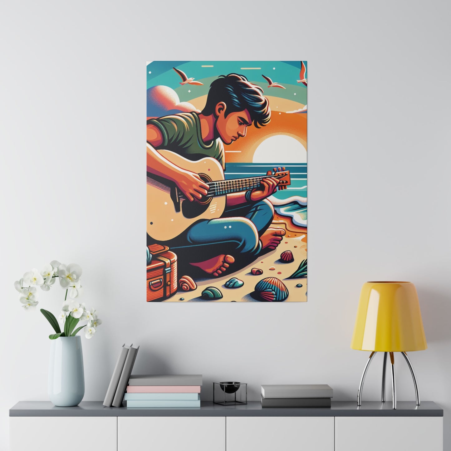 5287K - music art work, musician gift ideas, sunset background, sunset designs, ocean art work, beach art work, guitar art work, guitar player