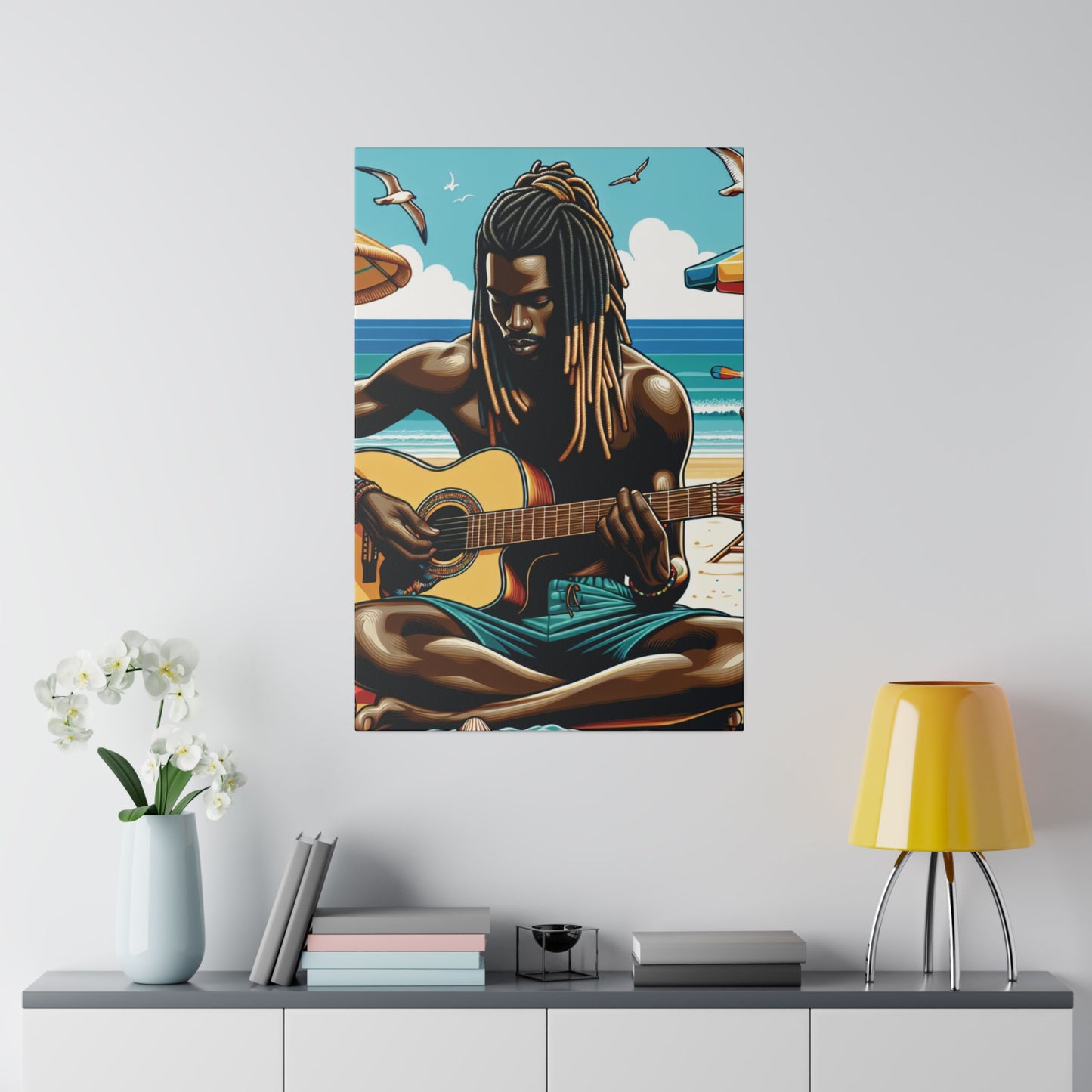 3449J - music art work, musician gift ideas, sunset background, sunset designs, ocean art work, beach art work, guitar art work, guitar player