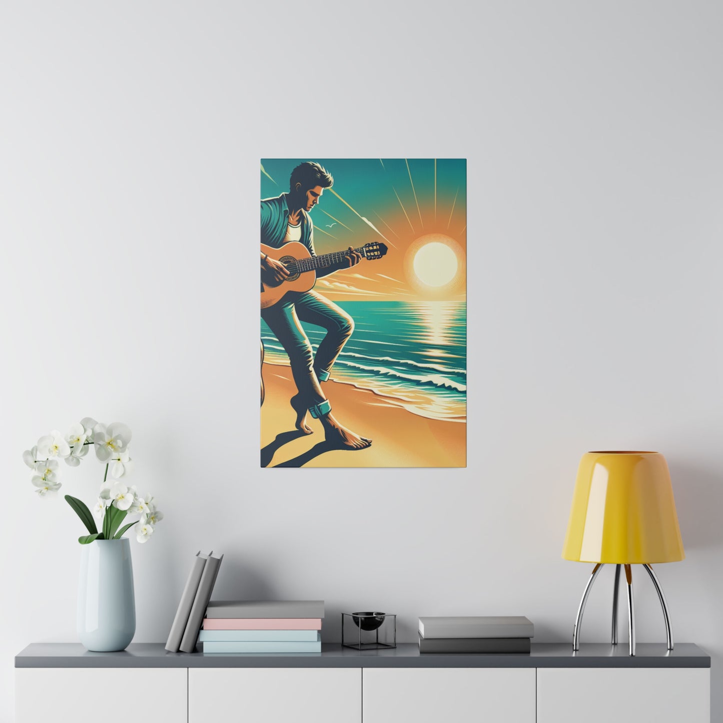 6732K - music art work, musician gift ideas, sunset background, sunset designs, ocean art work, beach art work, guitar art work, guitar player