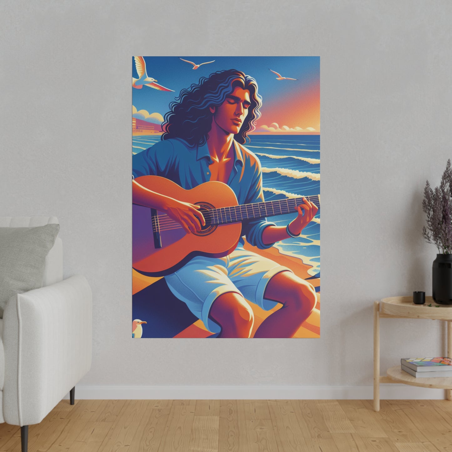 3672K - music art work, musician gift ideas, sunset background, sunset designs, ocean art work, beach art work, guitar art work, guitar player