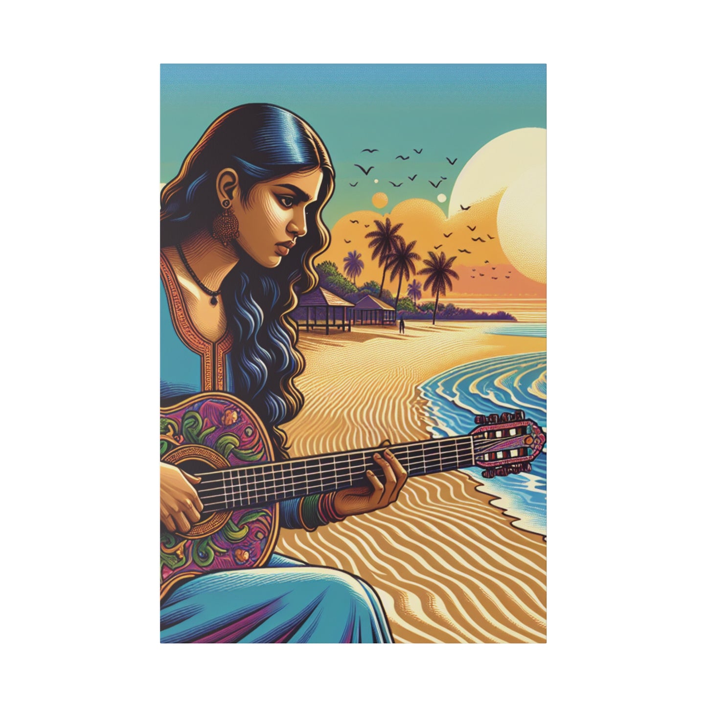 3239B - music art work, musician gift ideas, sunset background, sunset designs, ocean art work, beach art work, guitar art work, guitar player