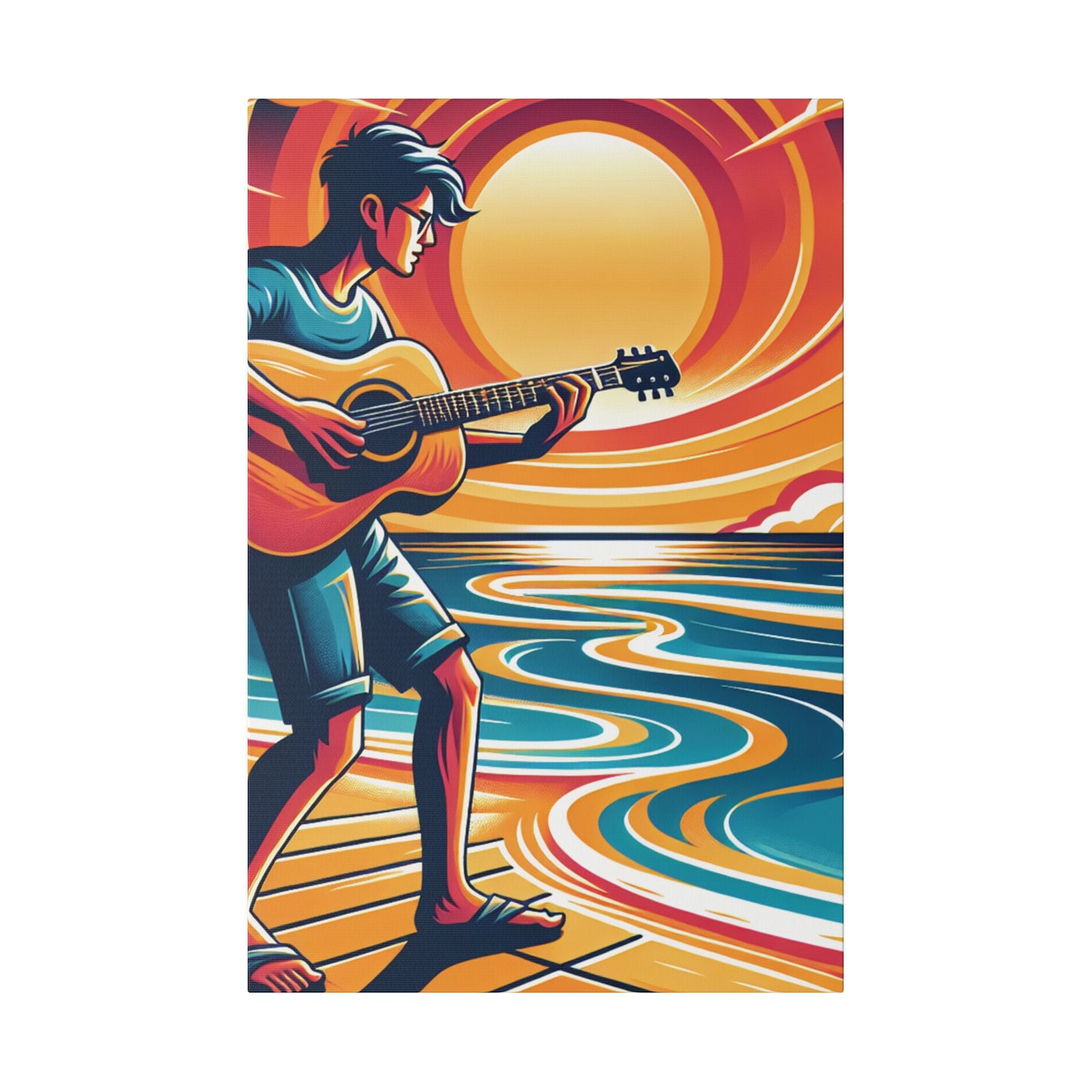 2734B - music art work, musician gift ideas, sunset background, sunset designs, ocean art work, beach art work, guitar art work, guitar player