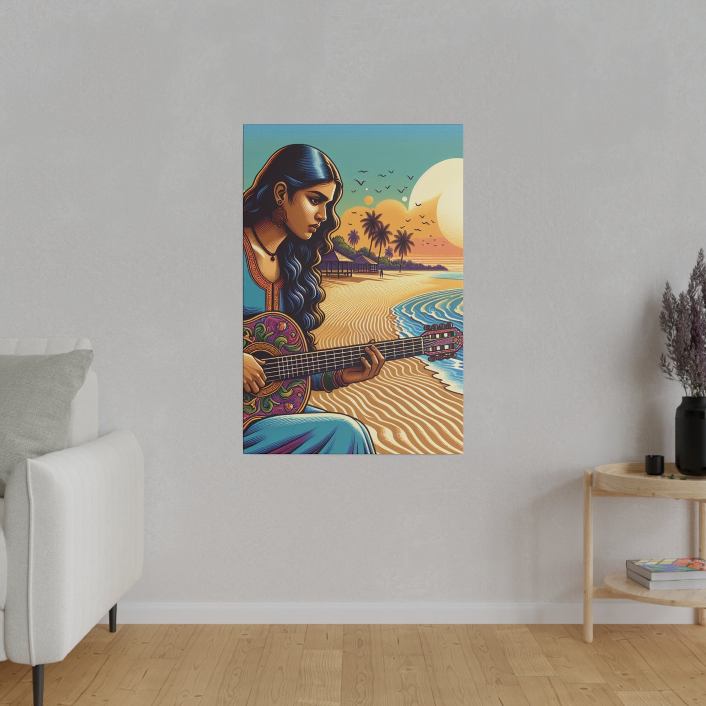 3239B - music art work, musician gift ideas, sunset background, sunset designs, ocean art work, beach art work, guitar art work, guitar player