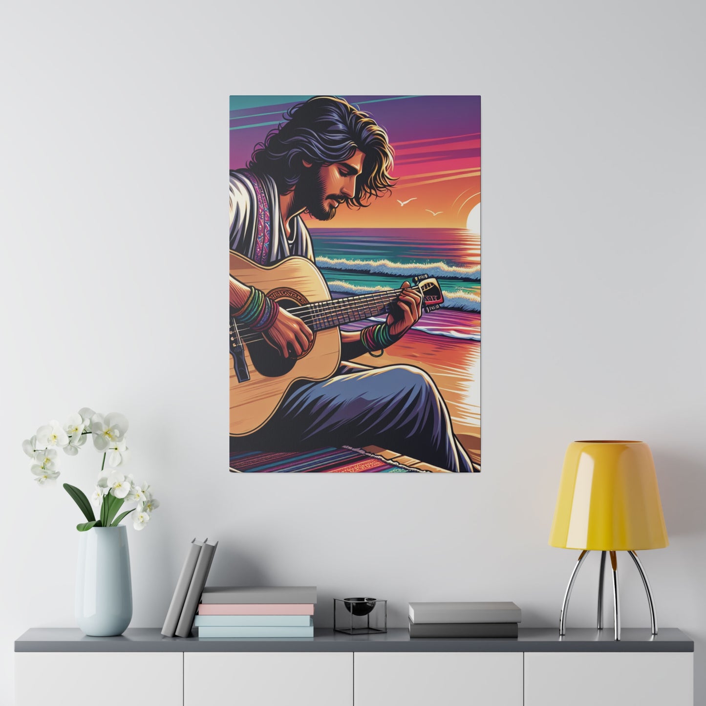 7532C - music art work, musician gift ideas, sunset background, sunset designs, ocean art work, beach art work, guitar art work, guitar player