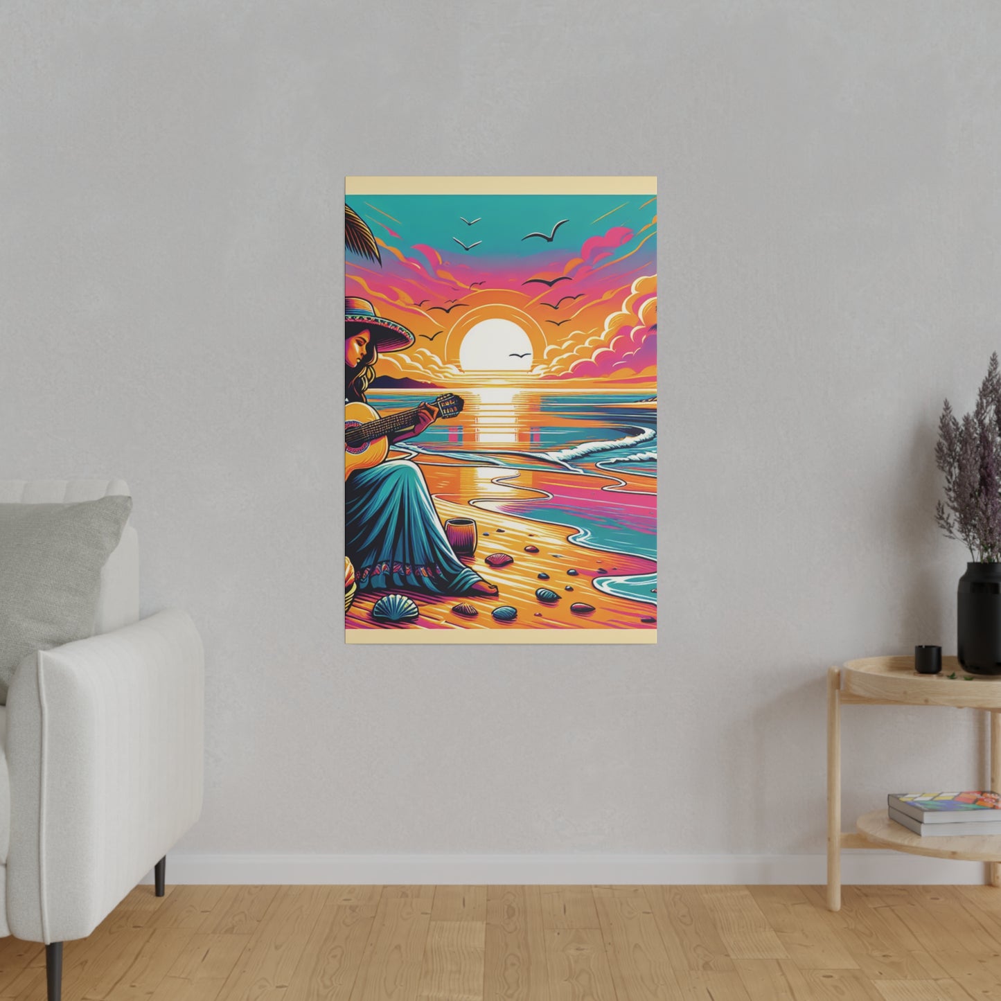 6389M - music art work, musician gift ideas, sunset background, sunset designs, ocean art work, beach art work, guitar art work, guitar player