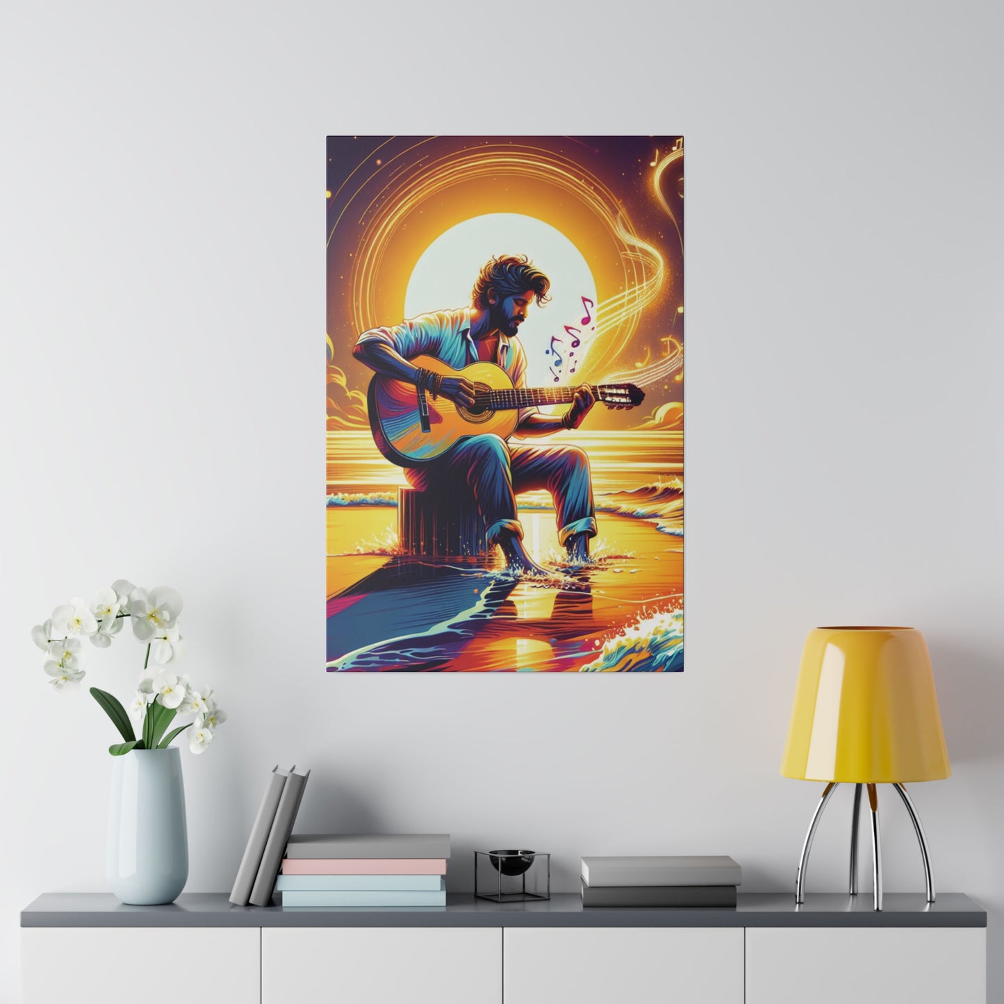 7683B - music art work, musician gift ideas, sunset background, sunset designs, ocean art work, beach art work, guitar art work, guitar player