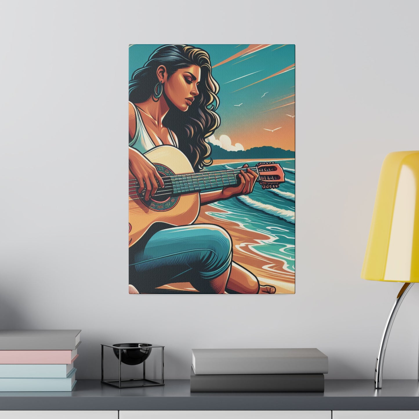 8194M - music art work, musician gift ideas, sunset background, sunset designs, ocean art work, beach art work, guitar art work, guitar player