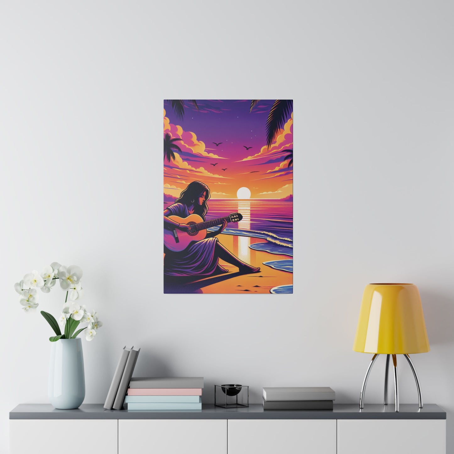 4927M - music art work, musician gift ideas, sunset background, sunset designs, ocean art work, beach art work, guitar art work, guitar player